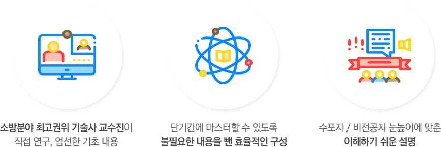 소방분야 최고권위 기술사 교수진이 직접 연구, 엄선한기초 내용, 단기간에 마스터할 수 있도록 불필요한 내용을 뺀 효율적인 구성, 수포자/비전공자 눈높이에 맞춘 이해하기 쉬운 설명